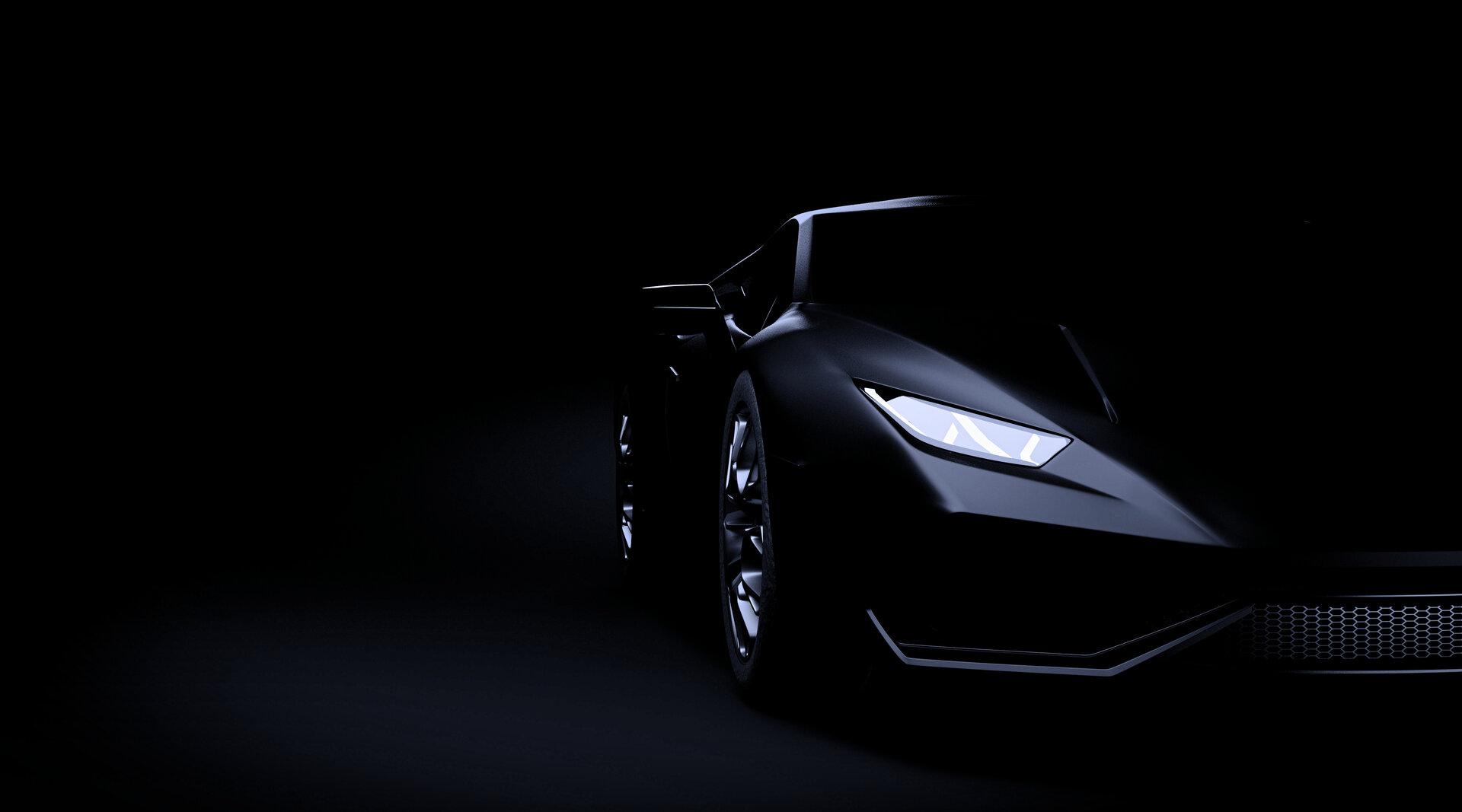 Schwarzer Sportwagen (Lamborghini) auf dunklem Hintergrund.