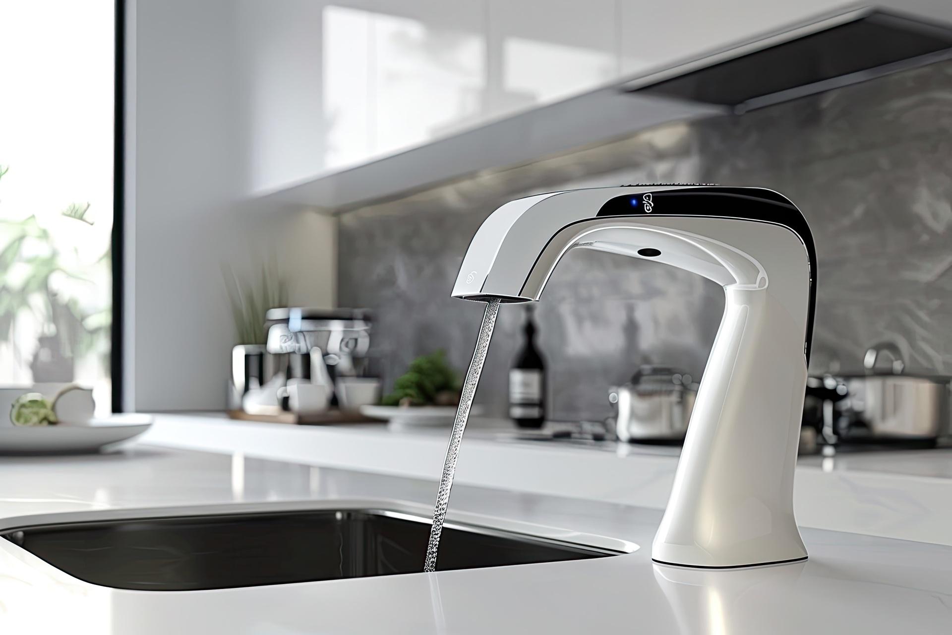 Moderne Küchenarmatur mit laufendem Wasser | Enthärtungsanlage