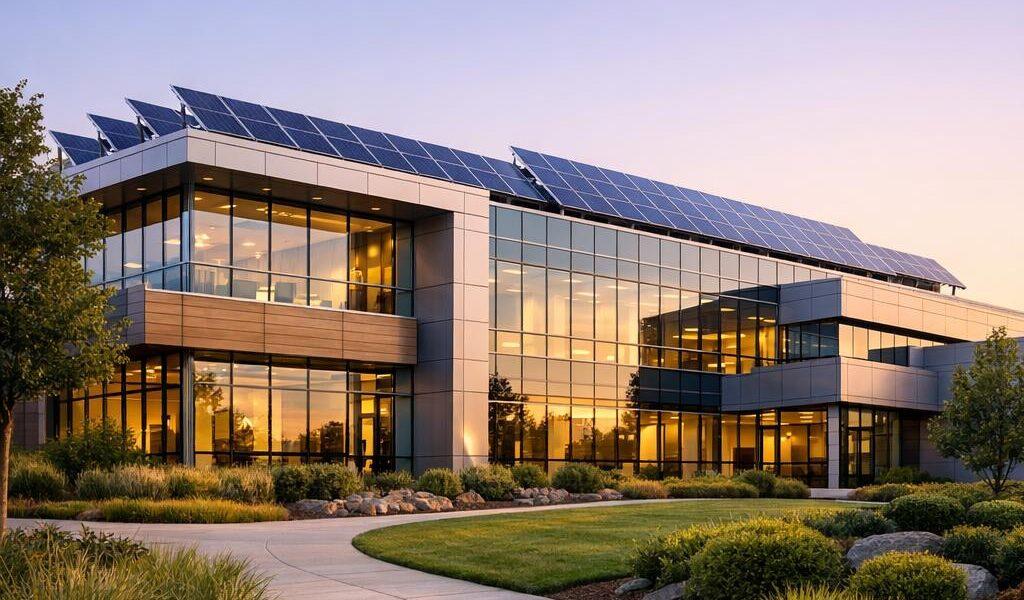 Gewerbeimmobilie mit Solaranlage auf dem Dach für mehr Energieeffizienz im Energieausweis Gewerbe